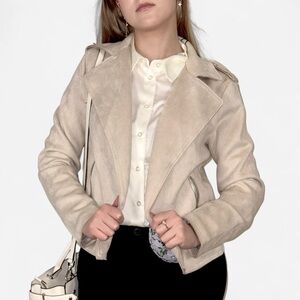 T Tahari Light Beige Suede Moto Jacket